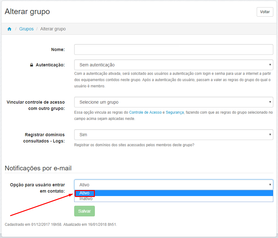 Menu > Administrar > Grupos > Editar Grupo > Opção para usuário entrar em contato