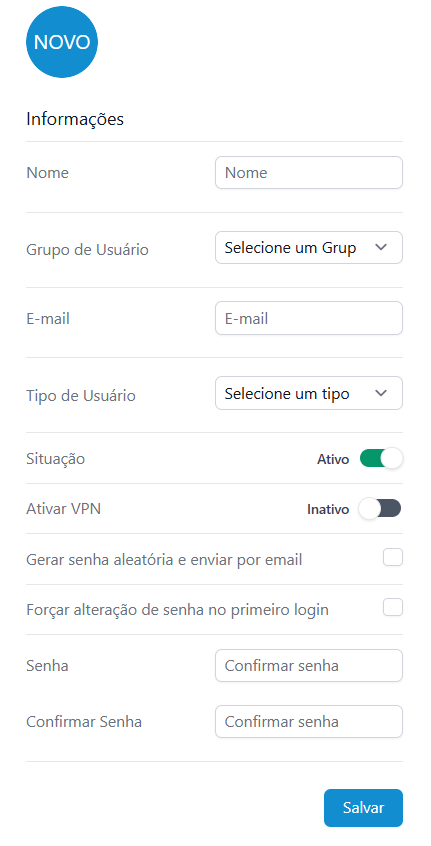 Formulário para criação de um usuário no painel do Lumiun Box