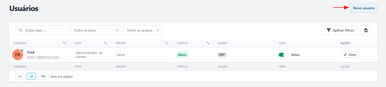 Painel de controle Lumiun - Página de usuários