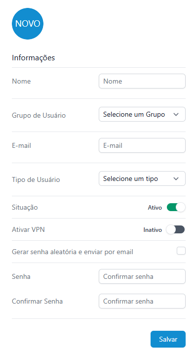 Painel de controle Lumiun - Novo Usuário