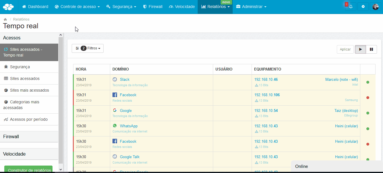 Lumiun - Dashboard - Relatorios - Relatorios 2.0 - Sites Acessados - Filtrado - Uma Semana